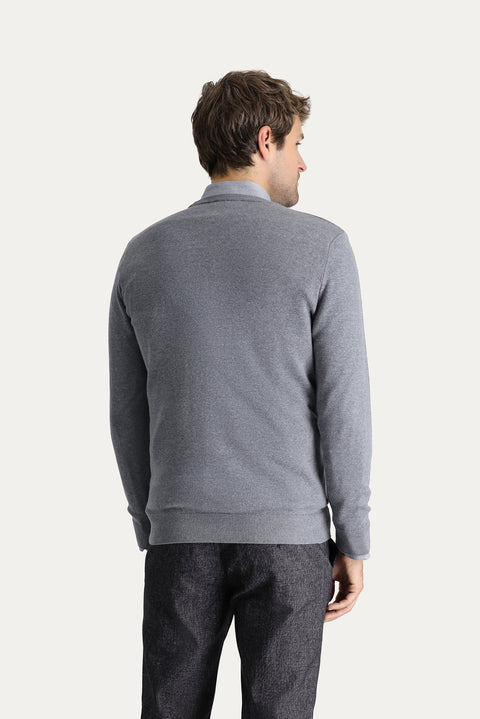 Medium Grey Melange Crew Neck Slim Fit Narrow Cut Cotton Knit Sweater