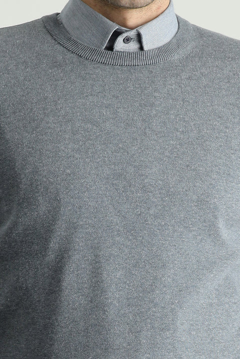 Medium Grey Melange Crew Neck Slim Fit Narrow Cut Cotton Knit Sweater