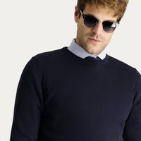 Dark Navy Crew Neck Slim Fit Narrow Cut Cotton Knit Sweater