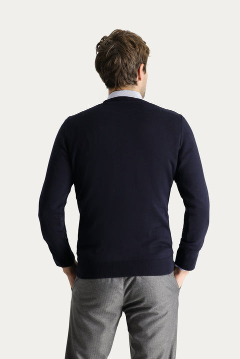 Dark Navy Crew Neck Slim Fit Narrow Cut Cotton Knit Sweater