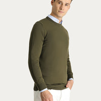 Orta Haki Bisiklet Yaka Slim Fit Dar Kesim Pamuklu Triko Kazak