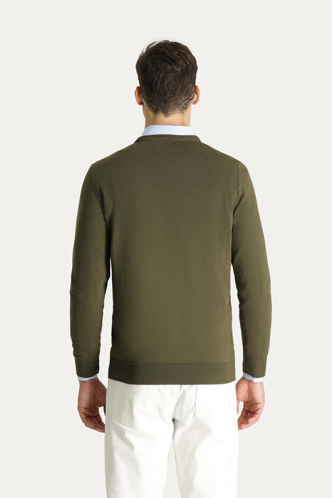 Orta Haki Bisiklet Yaka Slim Fit Dar Kesim Pamuklu Triko Kazak