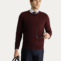 Dark Burgundy Crew Neck Slim Fit Narrow Cut Cotton Knit Sweater