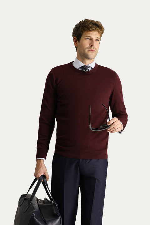 Dark Burgundy Crew Neck Slim Fit Narrow Cut Cotton Knit Sweater