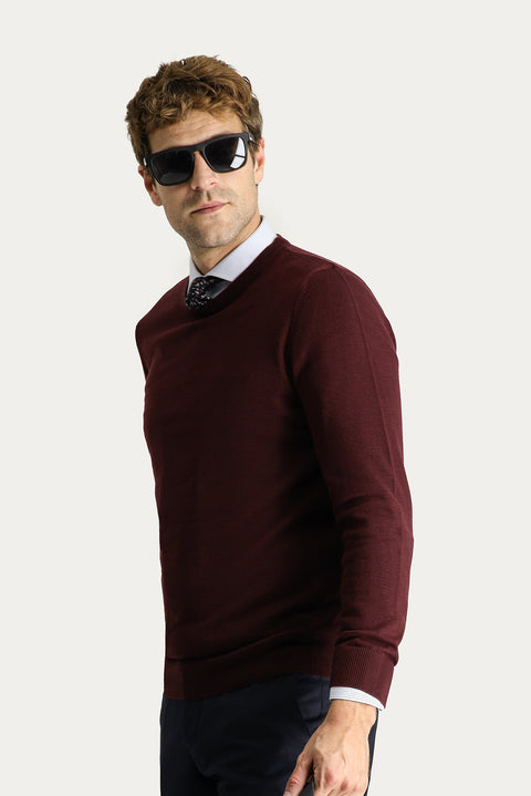 Dark Burgundy Crew Neck Slim Fit Narrow Cut Cotton Knit Sweater