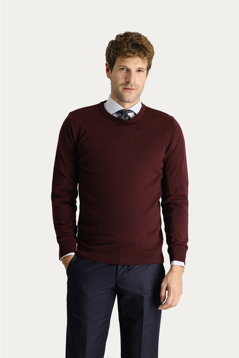 Dark Burgundy Crew Neck Slim Fit Narrow Cut Cotton Knit Sweater