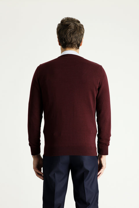 Dark Burgundy Crew Neck Slim Fit Narrow Cut Cotton Knit Sweater