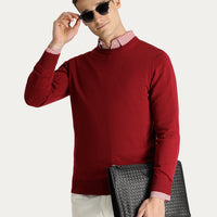 Koyu Kırmızı Bisiklet Yaka Slim Fit Dar Kesim Pamuklu Triko Kazak