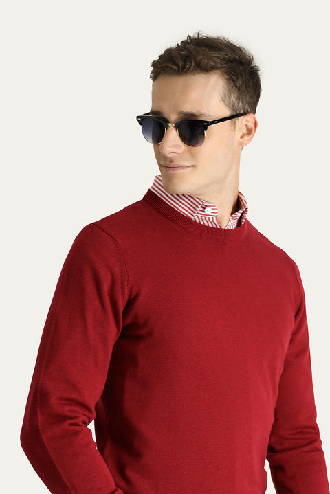Koyu Kırmızı Bisiklet Yaka Slim Fit Dar Kesim Pamuklu Triko Kazak
