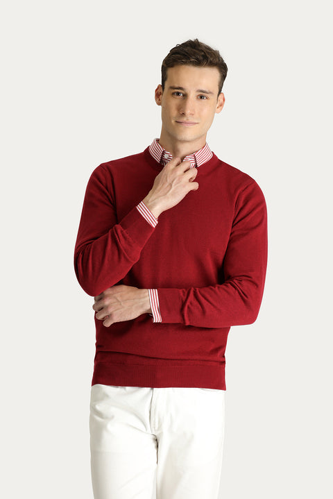 Koyu Kırmızı Bisiklet Yaka Slim Fit Dar Kesim Pamuklu Triko Kazak