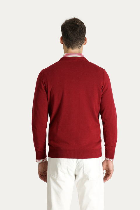Koyu Kırmızı Bisiklet Yaka Slim Fit Dar Kesim Pamuklu Triko Kazak