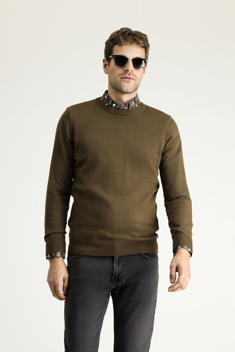 Koyu Vizon Bisiklet Yaka Slim Fit Dar Kesim Pamuklu Triko Kazak