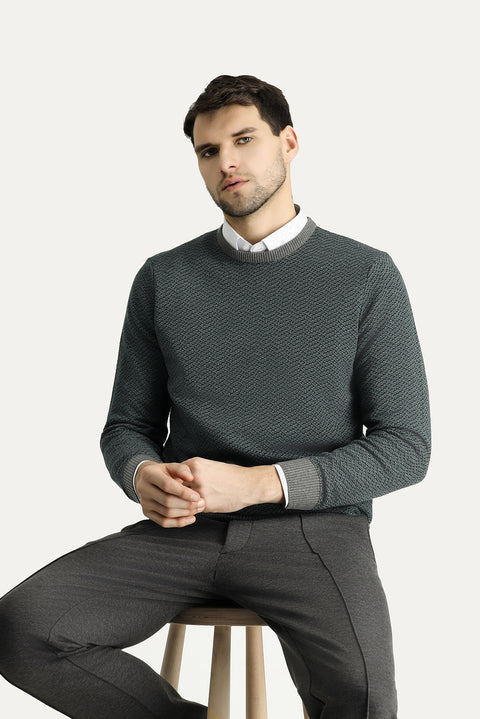 Medium Grey Crew Neck Slim Fit Patterned Knit Sweater