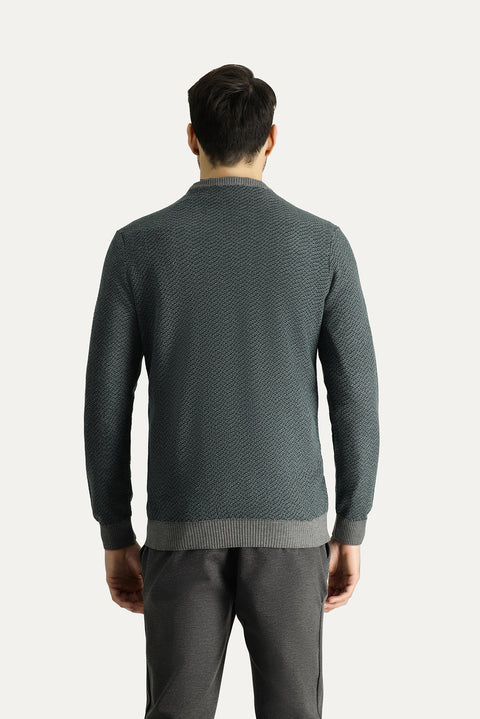 Medium Grey Crew Neck Slim Fit Patterned Knit Sweater
