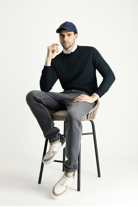 Dark Navy Crew Neck Slim Fit Patterned Knit Sweater