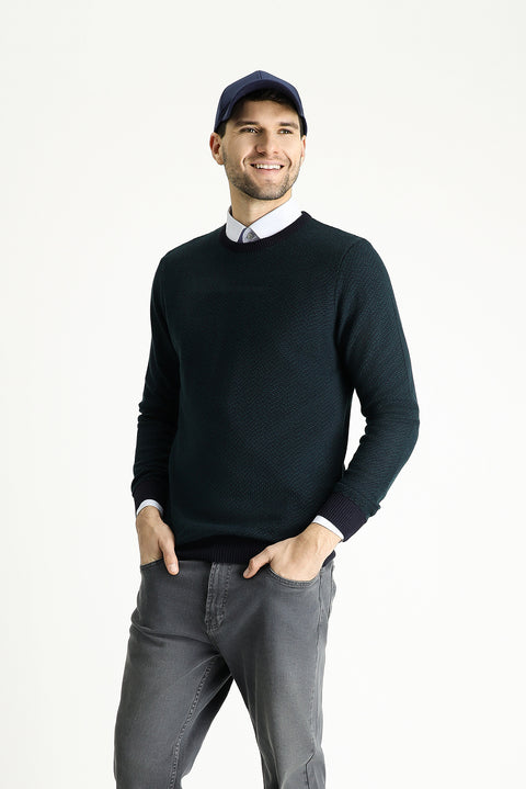 Dark Navy Crew Neck Slim Fit Patterned Knit Sweater