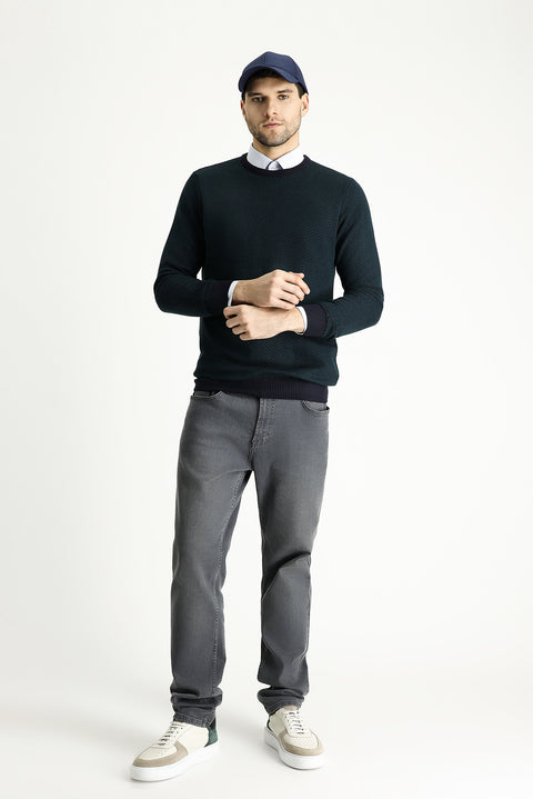 Dark Navy Crew Neck Slim Fit Patterned Knit Sweater