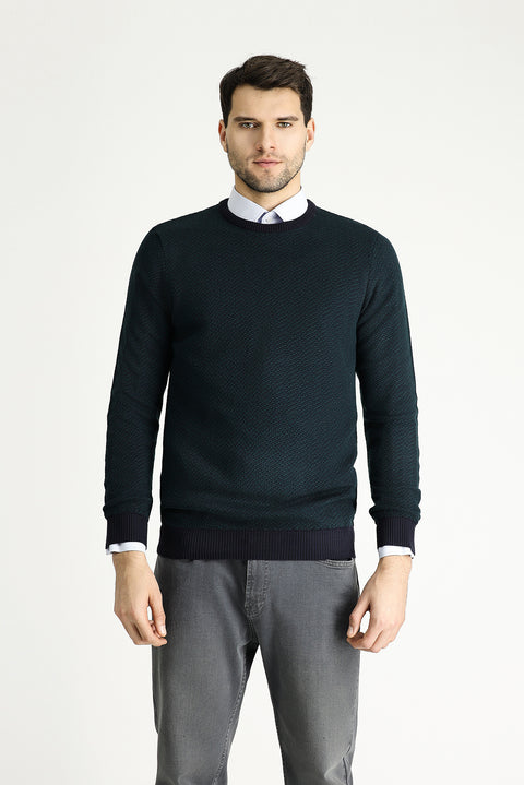 Dark Navy Crew Neck Slim Fit Patterned Knit Sweater