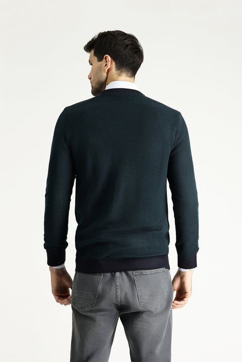 Dark Navy Crew Neck Slim Fit Patterned Knit Sweater