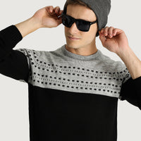 Black Crew Neck Slim Fit Patterned Knit Sweater