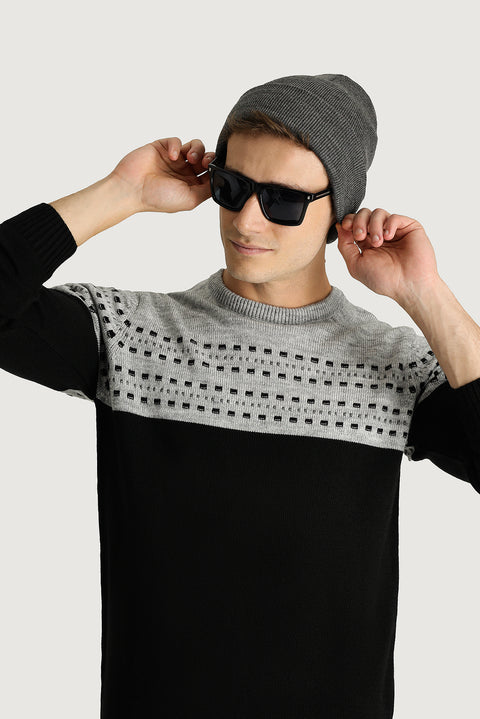 Black Crew Neck Slim Fit Patterned Knit Sweater