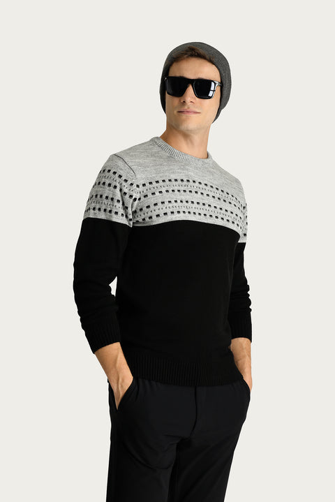 Black Crew Neck Slim Fit Patterned Knit Sweater