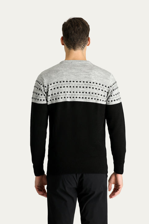 Black Crew Neck Slim Fit Patterned Knit Sweater