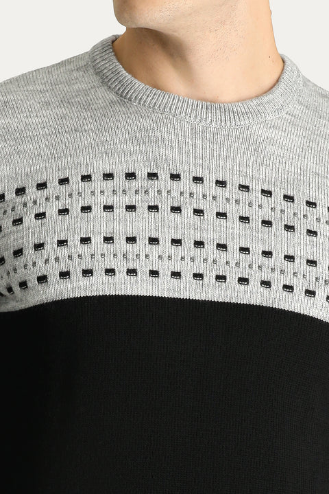 Black Crew Neck Slim Fit Patterned Knit Sweater