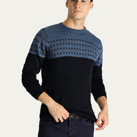 Dark Navy Crew Neck Slim Fit Patterned Knit Sweater