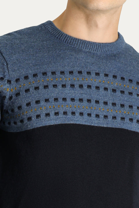 Dark Navy Crew Neck Slim Fit Patterned Knit Sweater