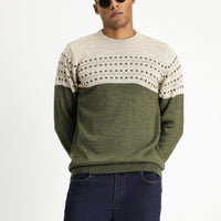Medium Khaki Crew Neck Slim Fit Patterned Knit Sweater