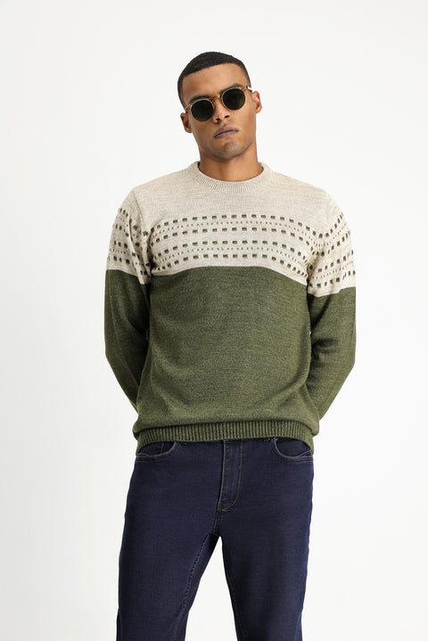 Medium Khaki Crew Neck Slim Fit Patterned Knit Sweater