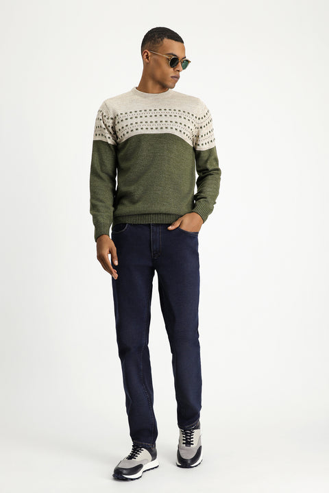 Medium Khaki Crew Neck Slim Fit Patterned Knit Sweater