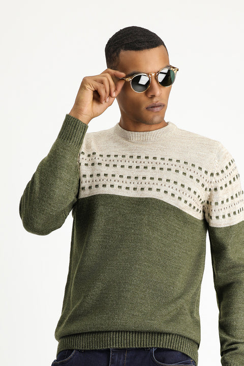 Medium Khaki Crew Neck Slim Fit Patterned Knit Sweater