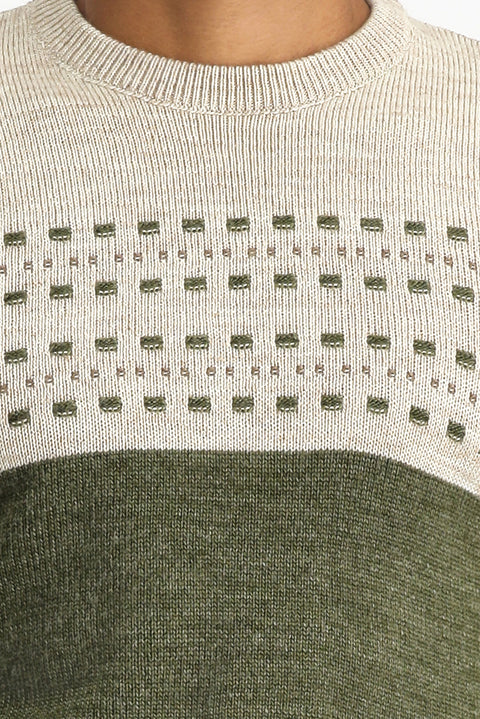 Medium Khaki Crew Neck Slim Fit Patterned Knit Sweater