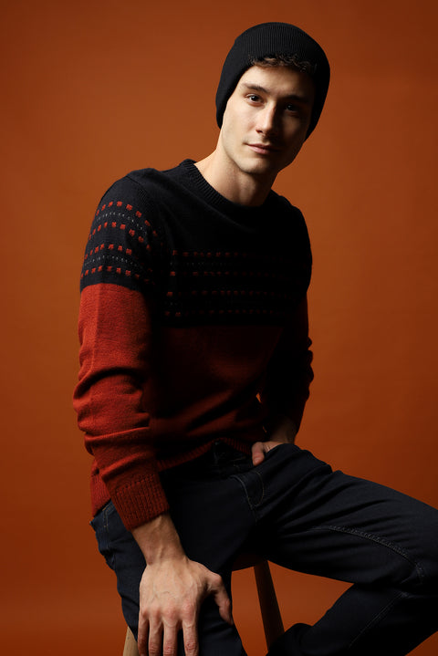 Tile-colored Crew Neck Slim Fit Patterned Knit Sweater