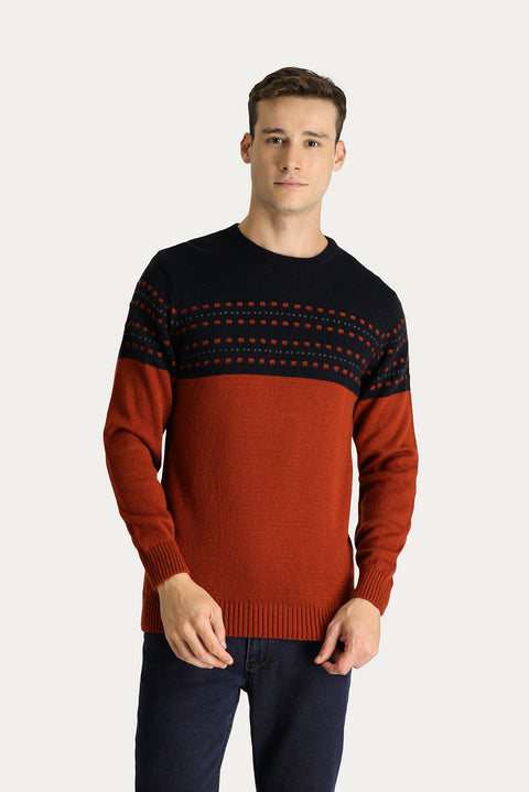 Tile-colored Crew Neck Slim Fit Patterned Knit Sweater