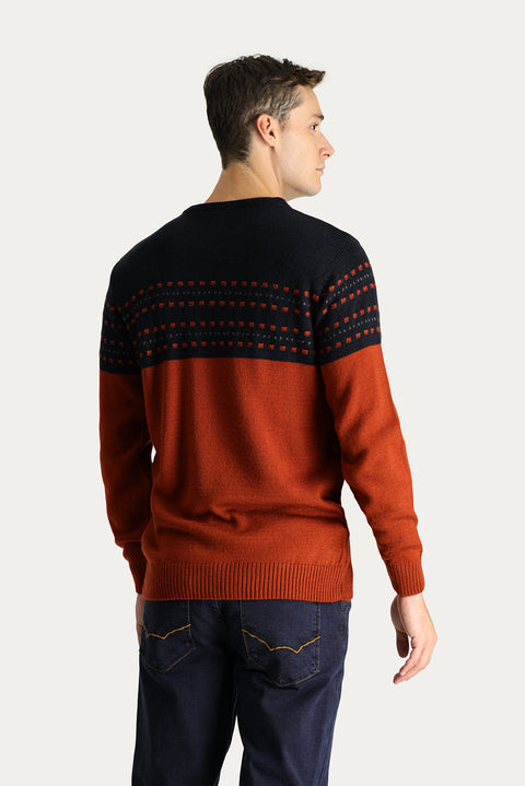 Tile-colored Crew Neck Slim Fit Patterned Knit Sweater