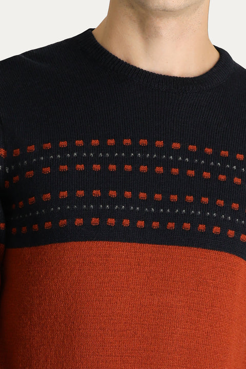 Tile-colored Crew Neck Slim Fit Patterned Knit Sweater