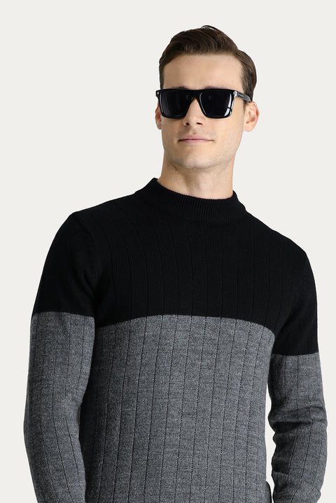 Siyah Bisiklet Yaka Slim Fit Dar Kesim Desenli Triko Kazak