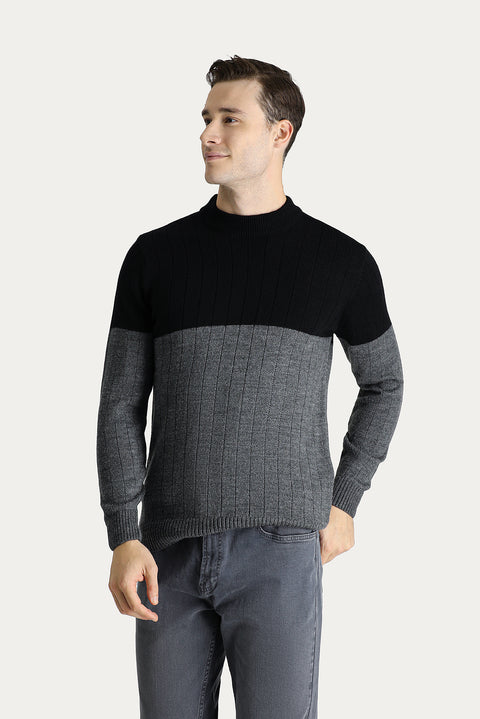 Siyah Bisiklet Yaka Slim Fit Dar Kesim Desenli Triko Kazak