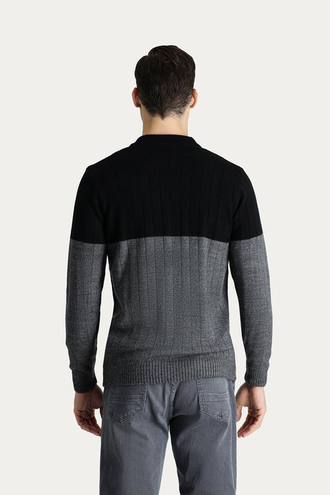 Siyah Bisiklet Yaka Slim Fit Dar Kesim Desenli Triko Kazak