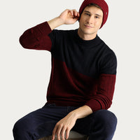 Dark Navy Crew Neck Slim Fit Narrow Cut Patterned Knit Sweater