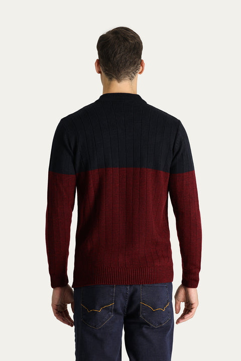 Dark Navy Crew Neck Slim Fit Narrow Cut Patterned Knit Sweater