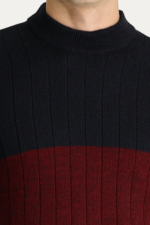 Dark Navy Crew Neck Slim Fit Narrow Cut Patterned Knit Sweater