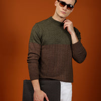 Medium Khaki Crew Neck Slim Fit Narrow Cut Patterned Knit Sweater