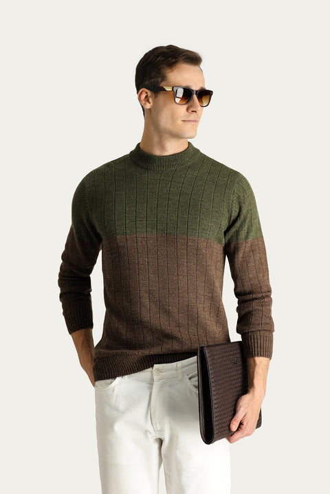 Medium Khaki Crew Neck Slim Fit Narrow Cut Patterned Knit Sweater