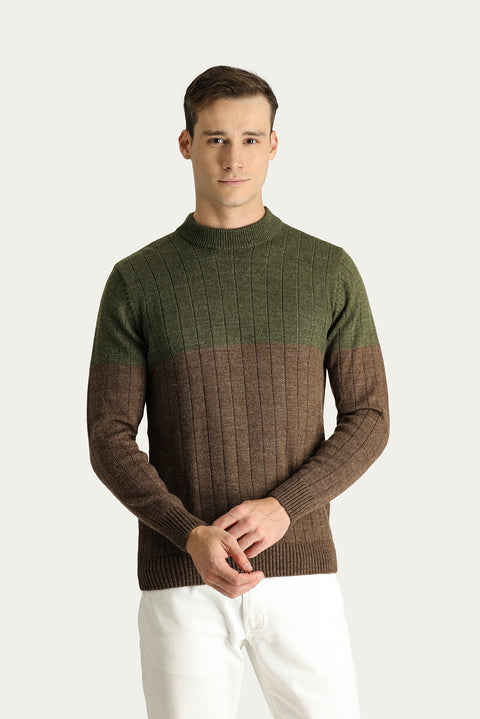 Medium Khaki Crew Neck Slim Fit Narrow Cut Patterned Knit Sweater