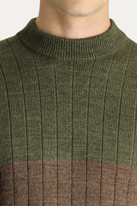 Medium Khaki Crew Neck Slim Fit Narrow Cut Patterned Knit Sweater