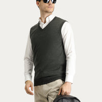 Dark Anthracite Melange V-Neck Cotton Knit Sweater